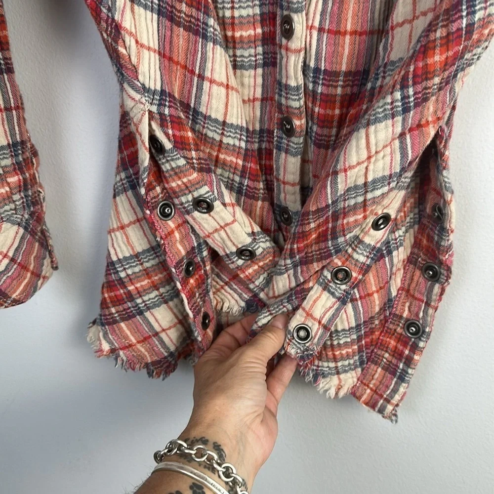 Free People Juniper Ridge Plaid Cotton Shirt Shacket Small Raw Hem Relaxed Fit
